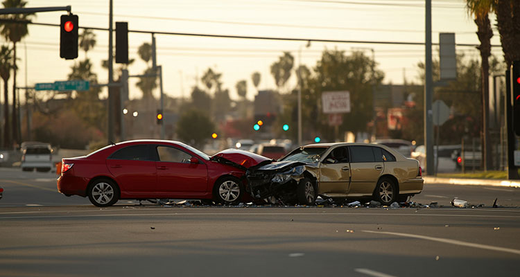 Damaged car stopped in the middle of the road after a crash, illustrating serious Lyft accident cases in Minneapolis.