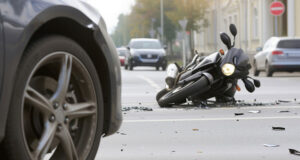 Motorcycle crashed into a car on a city street, illustrating serious motorcycle accident cases in Minneapolis.