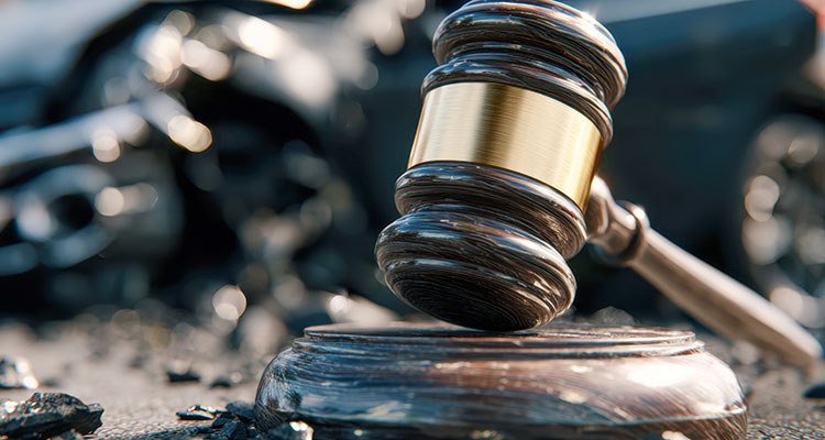 Judge&rsquo;s gavel in front of a crashed car, symbolizing liability, insurance claims, and lawsuits after a Minneapolis rideshare accident.