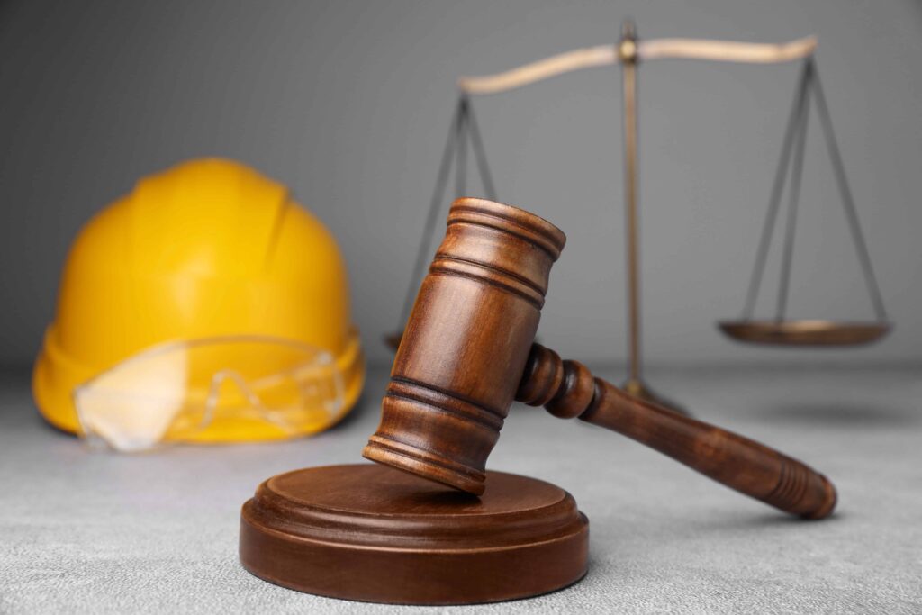 Workers&rsquo; compensation law concept with judge&rsquo;s gavel, construction hard hat, safety glasses, and scales of justice representing workplace injury claims and legal protection.