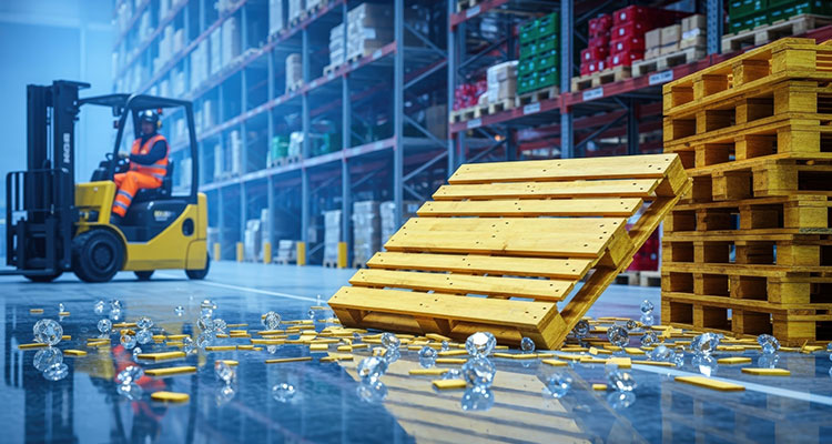 Forklift accident scene with spilled pallets in a warehouse, showing logistics safety hazards and OSHA compliance failures.