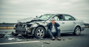 car accident claim Man sitting beside a damaged vehicle after a collision, representing the aftermath of a reckless driving accident and the injuries and losses victims face in St. Paul.