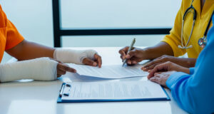 Injured patient meeting with a doctor while completing a medical claim form, illustrating the documentation needed before deciding to accept a personal injury settlement or go to trial.
