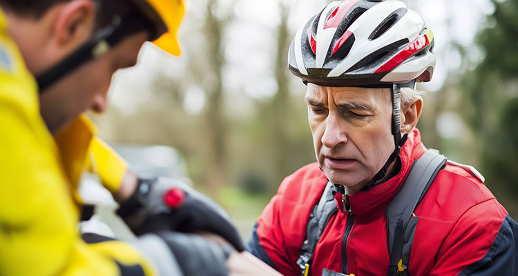 Emergency medical personnel helping an injured cyclist outdoors, illustrating the severe injuries and urgent medical care often required after a St. Paul bicycle accident.