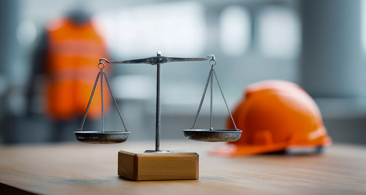 Scales of justice beside a safety helmet, symbolizing third-party liability lawsuits for Minnesota workplace accidents.