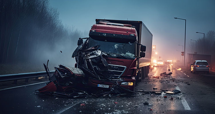 Semi-truck collision scene at night, illustrating how truck black box data and electronic logging records can be critical evidence to prove negligence after a crash.