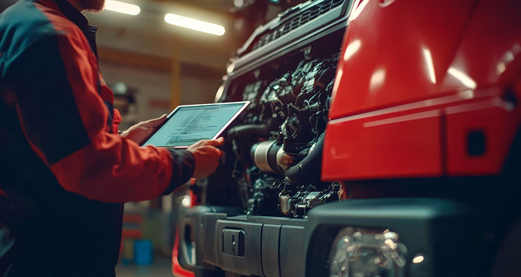 Technician using a tablet to diagnose a commercial truck, representing the electronic systems, data logs, and black box information used to investigate trucking negligence.